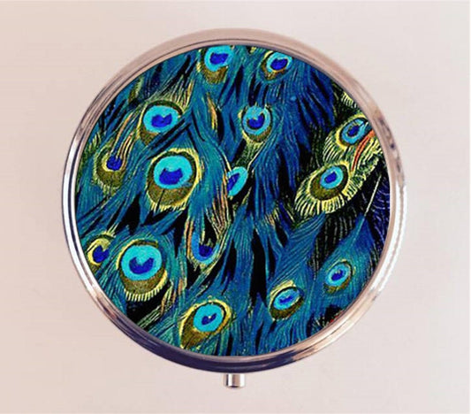 Peacock Feather Pill Box Case Pillbox Holder Trinket Stash Box Art Deco Feathers