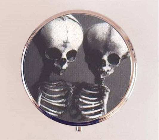 Siamese Skeleton Pill Box Case Pillbox Holder Trinket Stash Box Skeletons Conjoined Twins Circus Freak Goth