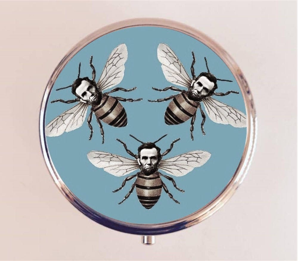 Abraham Lincoln Honey Bee Pill Box Case Pillbox Holder Trinket Stash Box Lowbrow Pop Surrealism Surreal