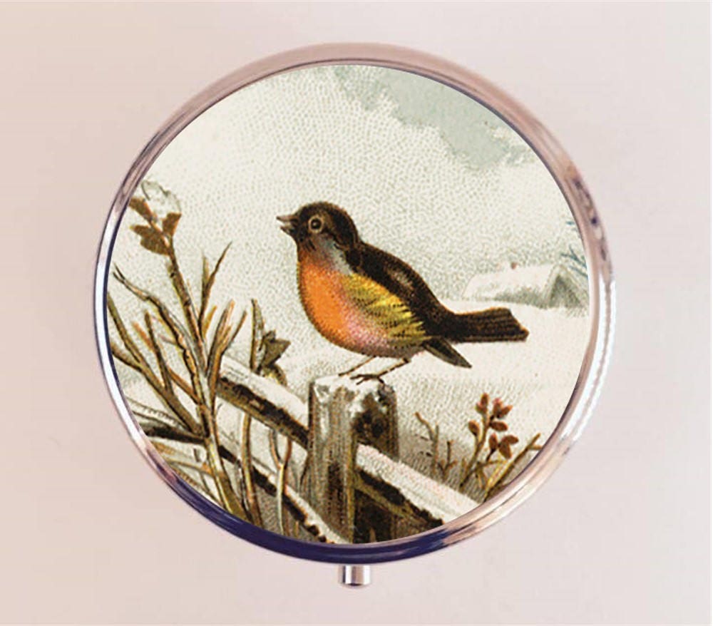 Bird in Winter Pill Box Case Pillbox Holder Trinket Stash Box Vintage Birds Animal Illustration