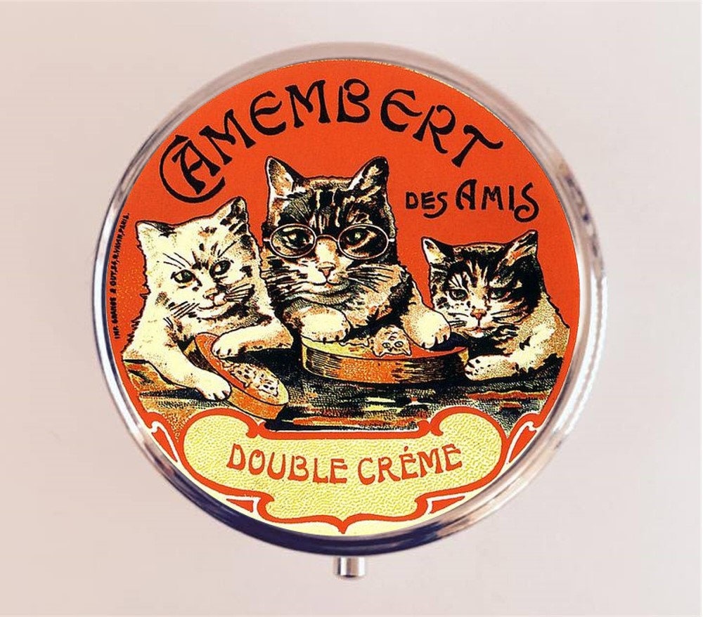 French Cat Pill Box Case Pillbox Holder Trinket Stash Box Vintage Creme Ad France Advertisement