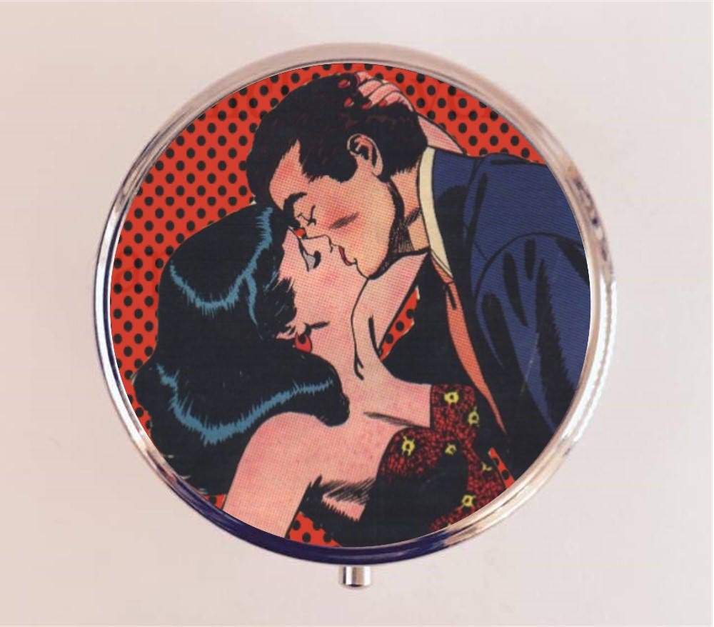 Comic Kiss Pill Box Case Pillbox Holder Trinket Stash Box Retro Vintage Romance Comic Book