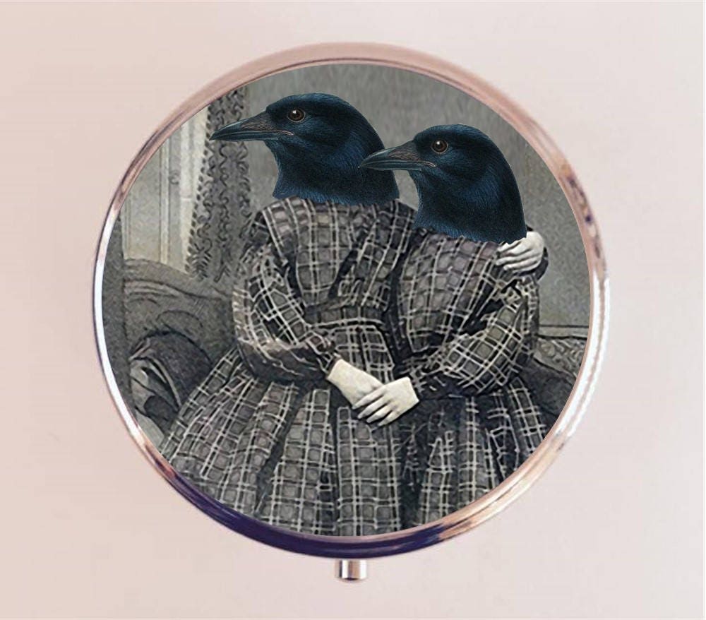 Crow Sisters Pill Box Case Pillbox Holder Trinket Stash Box Anthropomorphic Victorian Altered Art Bird Raven