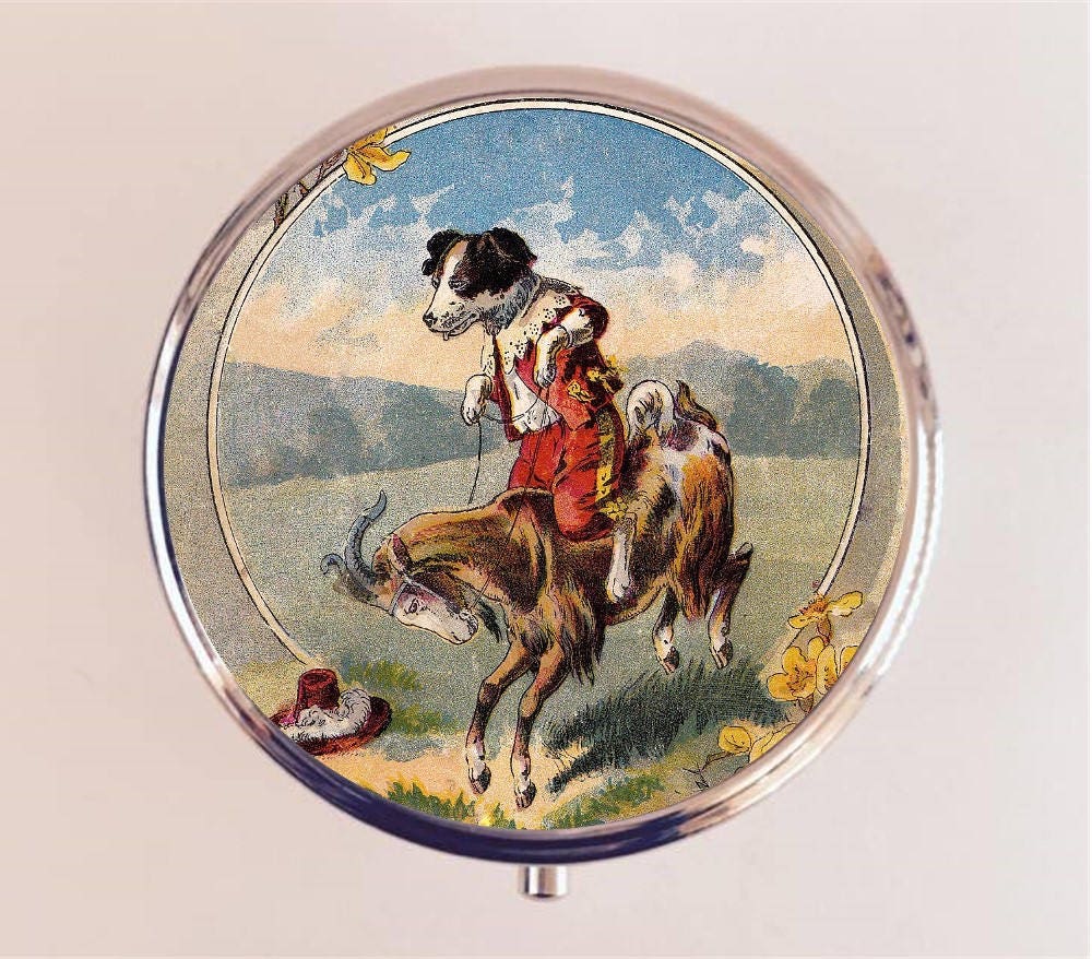 Dog Riding Goat Pill Box Case Pillbox Holder Trinket Stash Box Oddity Anthropomorphic Animal Art