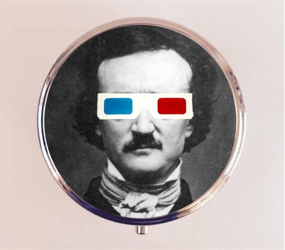 Edgar Allan Poe 3D Glasses Pill Box Case Pillbox Holder Trinket Stash Box Pop Art Surrealism Lowbrow Literature