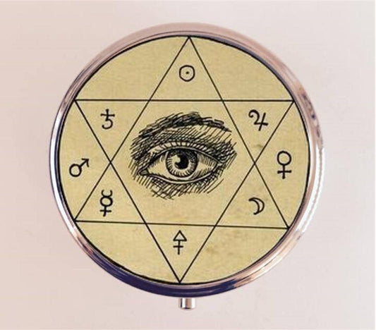 Occult Eye Pill Box Case Pillbox Holder Trinket Stash Box Hexagram Antique Occultism Magick