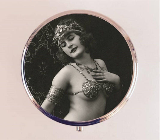 Belly Dancer Flapper Pill Box Case Pillbox Holder Trinket Stash Box Art Deco Egyptian Cleopatra Boho 1920s Gypsy