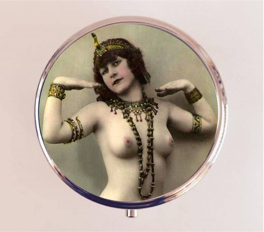 Belly Dancer Flapper Pill Box Case Pillbox Holder Trinket Stash Box Nude Mature Art Deco Egyptian Cleopatra Boho 1920s Gypsy