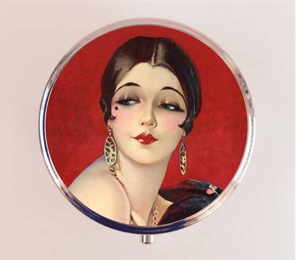 Art Deco Flapper Pill Box Case Pillbox Holder Trinket Stash Box Portrait Painting 1920s Jazz Age