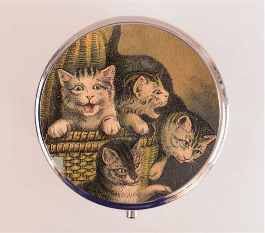 Four Cats Pill Box Case Pillbox Holder Trinket Stash Box Kittens Kitten Cat Illustration