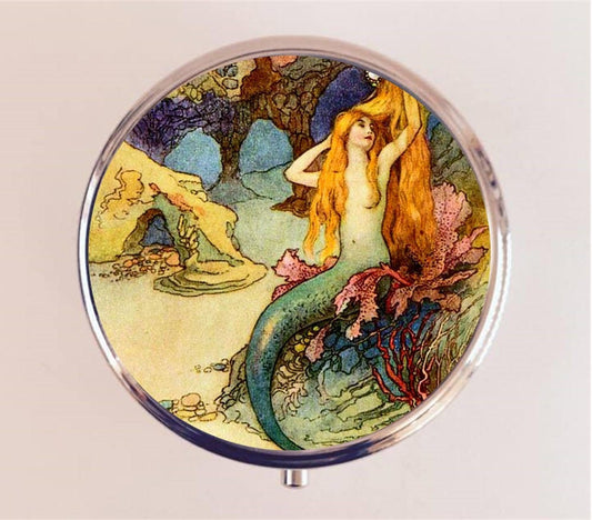 Mermaid Pill Box Case Pillbox Holder Trinket Stash Box Fairytale Fairy Tale Nautical Storybook