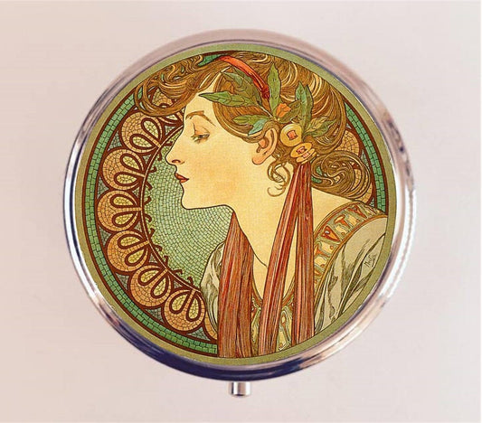 Alphonse Mucha Pill Box Case Pillbox Holder Trinket Stash Box Cameo Art Nouveau Boho Gypsy