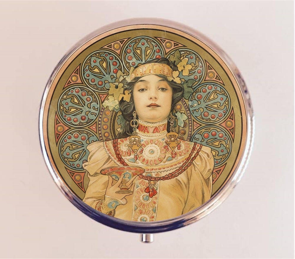 Alphonse Mucha Pill Box Case Pillbox Holder Trinket Stash Box Headdress Art Nouveau Boho Gypsy