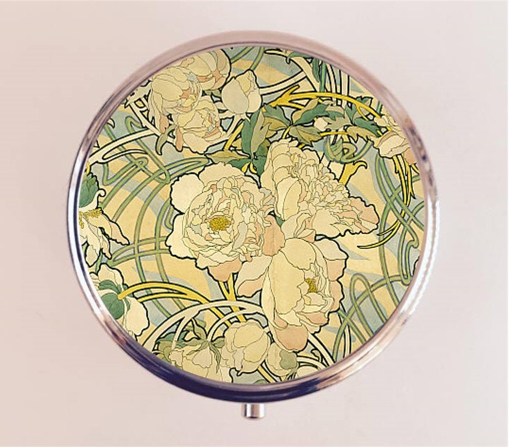 Alphonse Mucha Pill Box Case Pillbox Holder Trinket Stash Box Peony Flower Art Nouveau Boho Gypsy