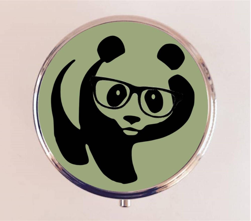 Panda Bear Nerd Pill Box Case Pillbox Holder Trinket Stash Box Hipster Glasses Anthropomorphic Animal Pop Art Bear