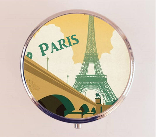 Paris Pill Box Case Pillbox Holder Trinket Stash Box Eiffel Tower French Travel Poster