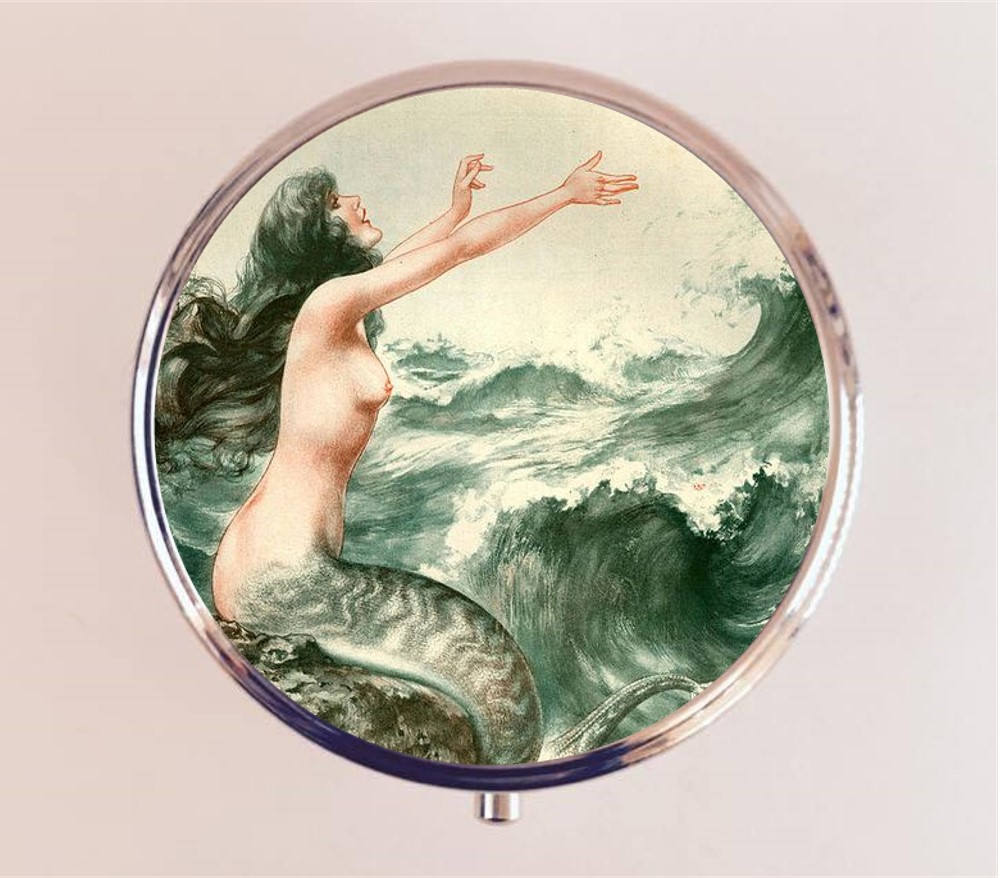 Parisian Mermaid Pill Box Case Pillbox Holder Trinket Stash Box French Art Deco Siren 1920s