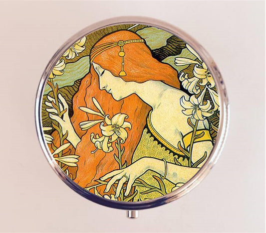 Art Nouveau Redhead Pill Box Case Pillbox Holder Trinket Stash Box Boho Gypsy Edwardian