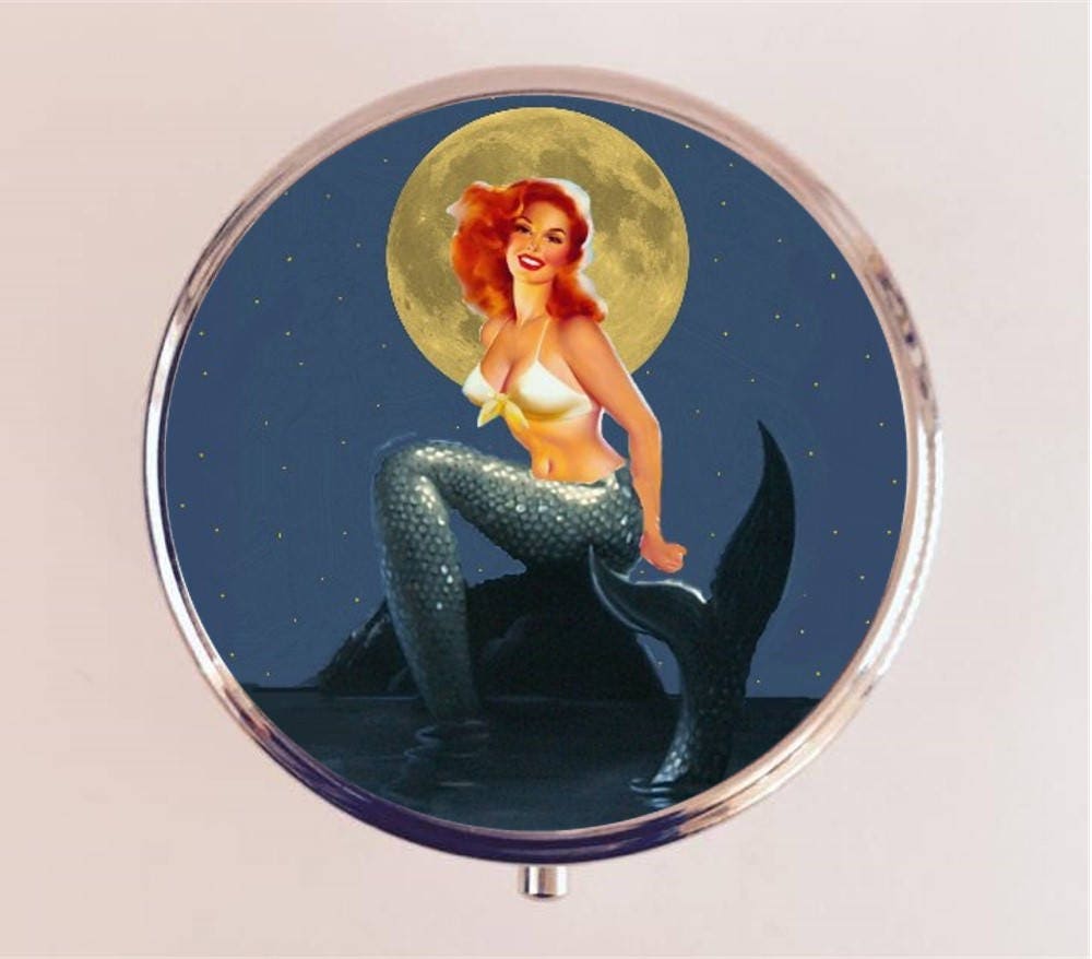 Mermaid Moonlight Pill Box Case Pillbox Holder Trinket Stash Box Pin Up Pinup Retro Mermaids