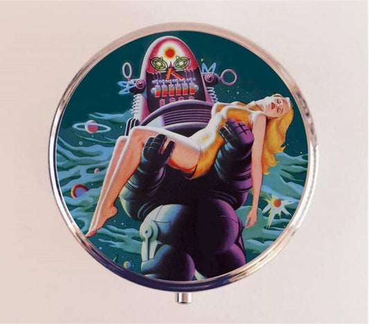 Robot Romance Pill Box Case Pillbox Holder Trinket Box  Pulp Fiction Sci Fi Science Fiction