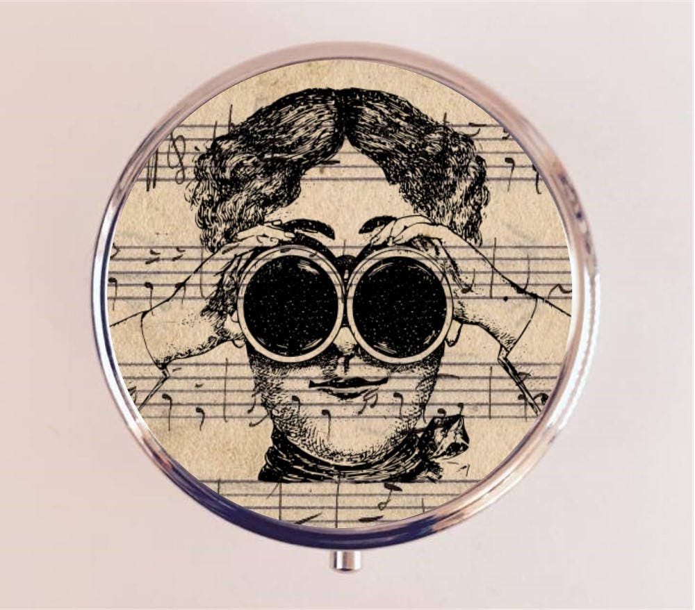 Steampunk Binoculars Pill Box Case Pillbox Holder Trinket Box Victorian Woman Sheet Music