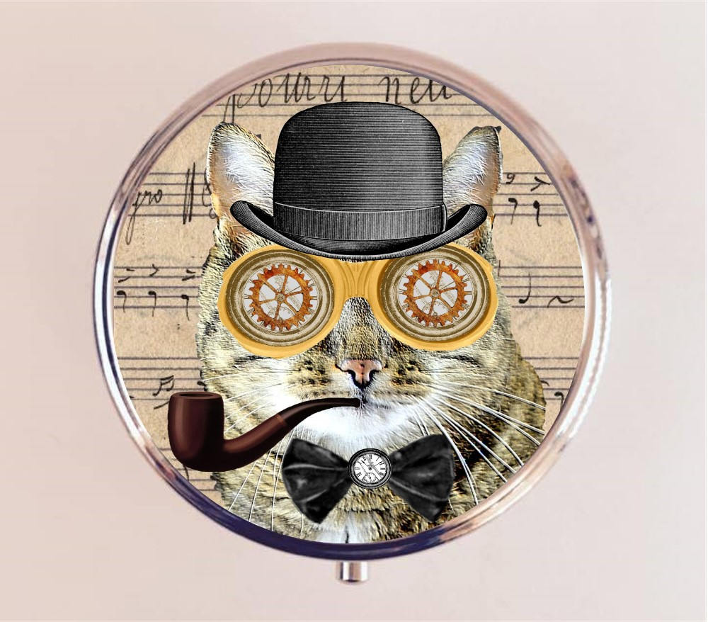 Steampunk Cat Pill Box Case Pillbox Holder Trinket Box Altered Collage Art Sheet Music