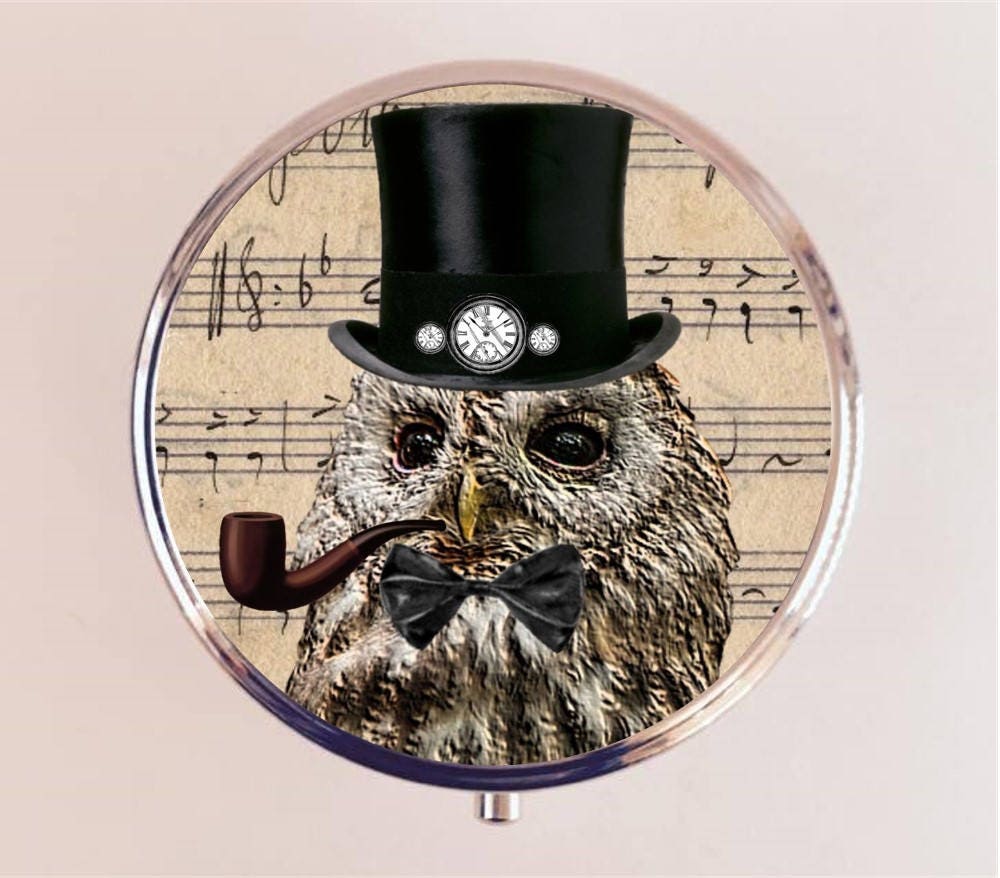 Steampunk Owl Pill Box Case Pillbox Holder Trinket Box Altered Collage Art Sheet Music