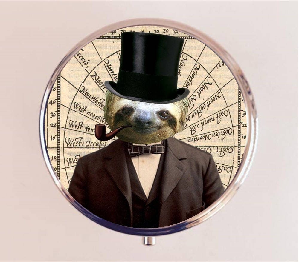 Steampunk Sloth Pill Box Case Pillbox Holder Trinket Box Altered Collage Art Sheet Music