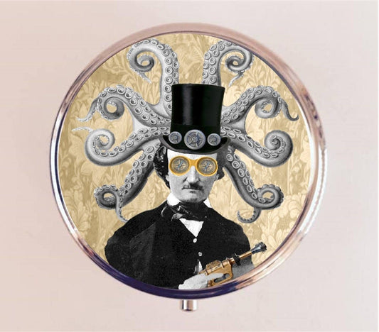 Steampunk Edgar Allan Poe Pill Box Case Pillbox Holder Trinket Box Altered Collage Art Victorian Ray Gun Octopus