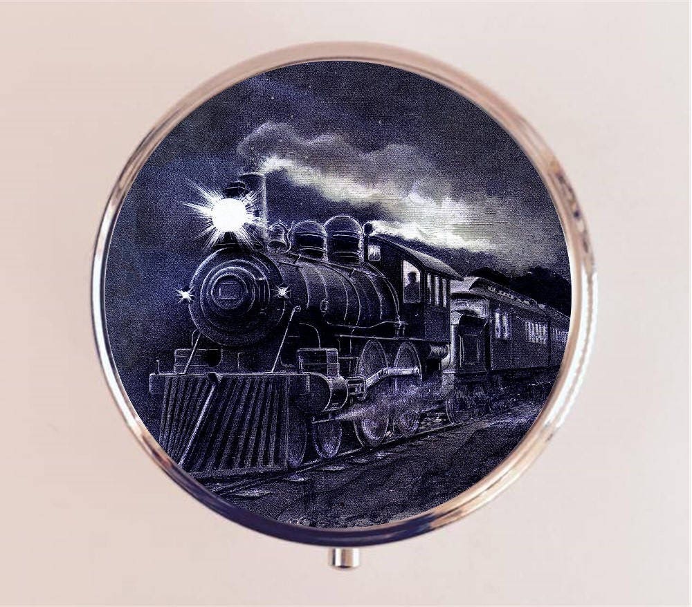 Train Locomotive Pill Box Case Pillbox Holder Trinket Railroad Americana Pop Art