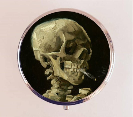 Van Gogh Smoking Skeleton Pill Box Case Pillbox Holder Trinket Fine Art Skull Goth Painting