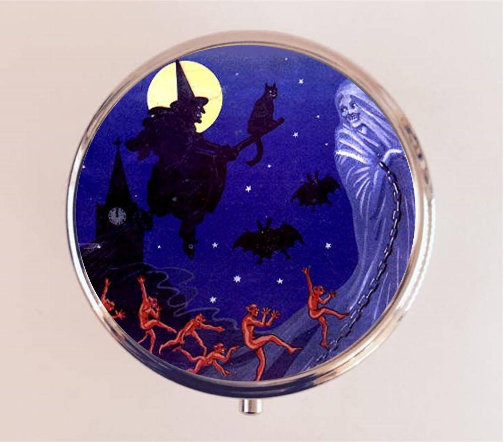 Witch and Goblins Pill Box Case Pillbox Holder Trinket Box Vintage Halloween Witches