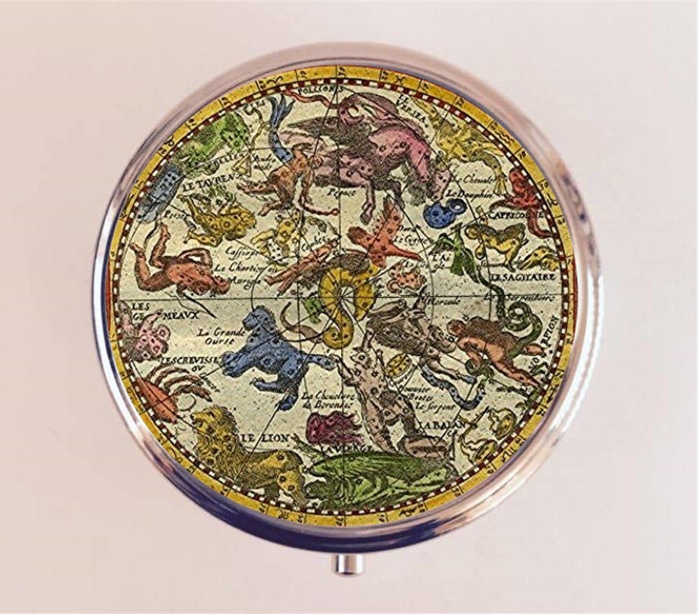 Antique Zodiac Pill Box Case Pillbox Holder Trinket Stash Box Astrology Astrological Occult Two