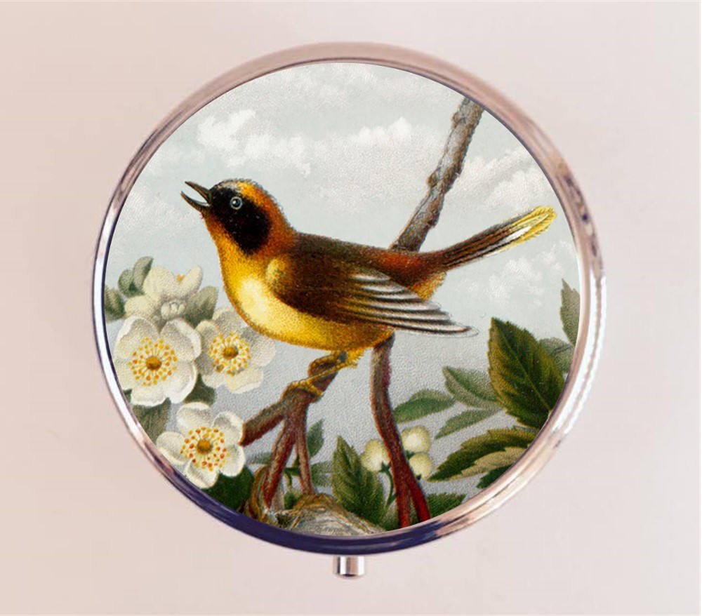 Yellow Bird Pill Box Case Pillbox Holder Trinket Stash Box Vintage Birds Animal Illustration