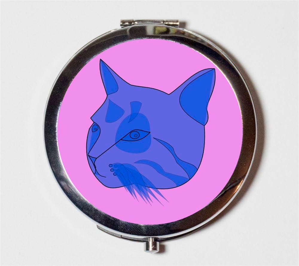 Cat Head Compact Mirror - Kawaii Cute Animal Art Retro Style - Make Up Pocket Mirror for Cosmetics