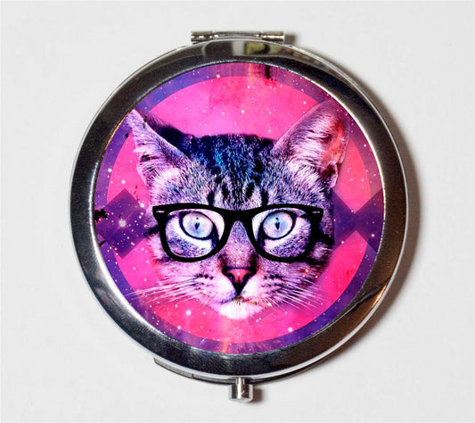 Cat Nerd Compact Mirror - Hipster Kawaii Anthropomorphic Animal Art Eye Glasses - Make Up Pocket Mirror for Cosmetics