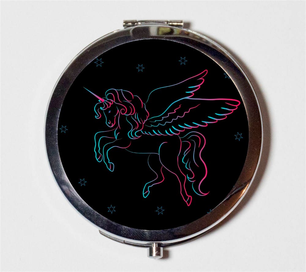 Neon Unicorn Compact Mirror - Kawaii Winged Pegasus Kitsch - Make Up Pocket Mirror for Cosmetics