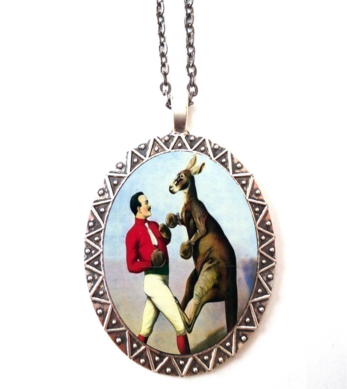 Boxing Kangaroo Necklace Pendant Silver Tone - Victorian Oddity Boxer Animal Art Circus