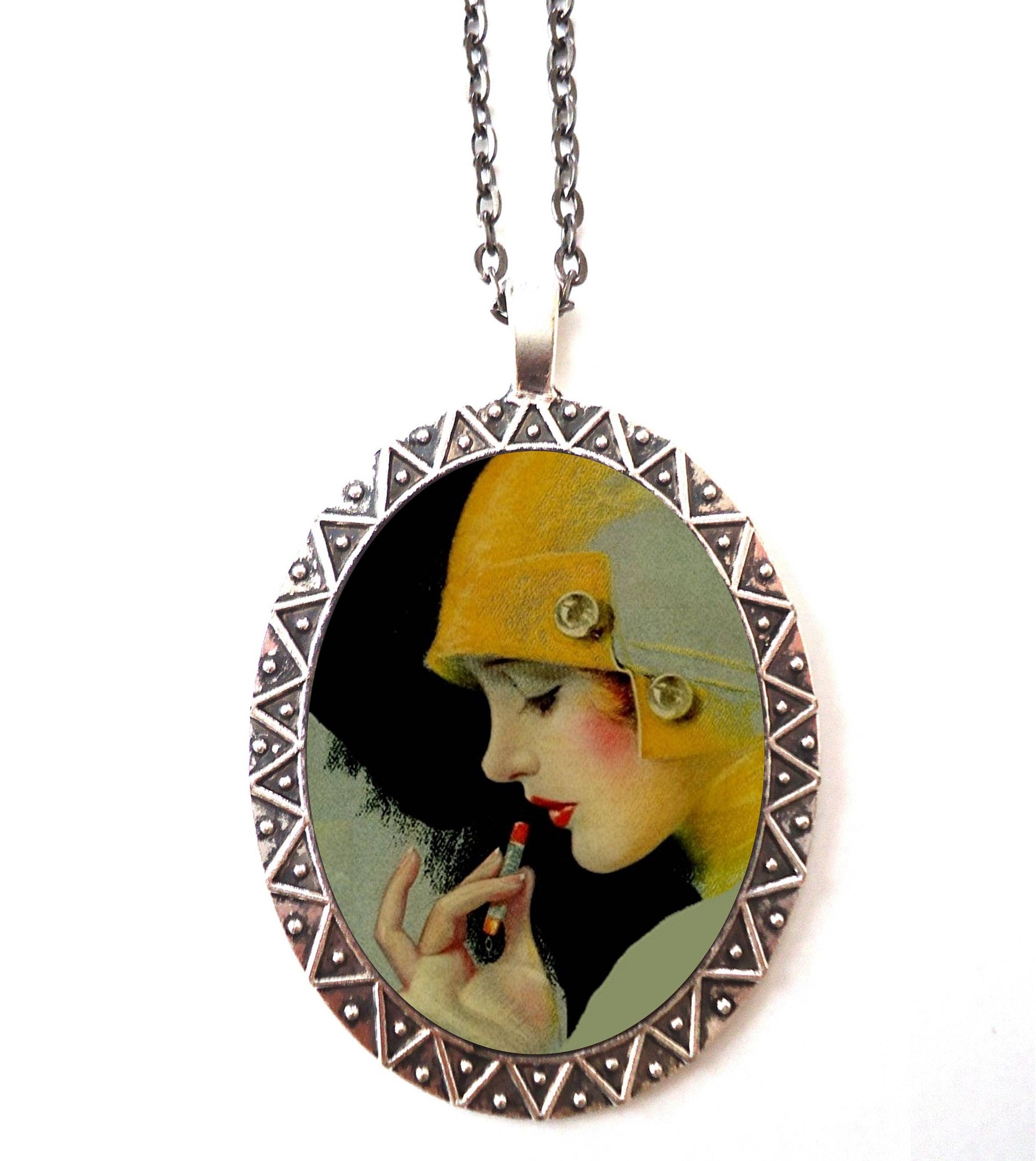 Flapper Lipstick Necklace Pendant Silver Tone - Art Deco 1920s Jazz Age Roaring 20s