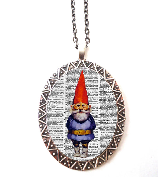 Garden Gnome Necklace Pendant Silver Tone - Retro Kitsch Lawn Ornament