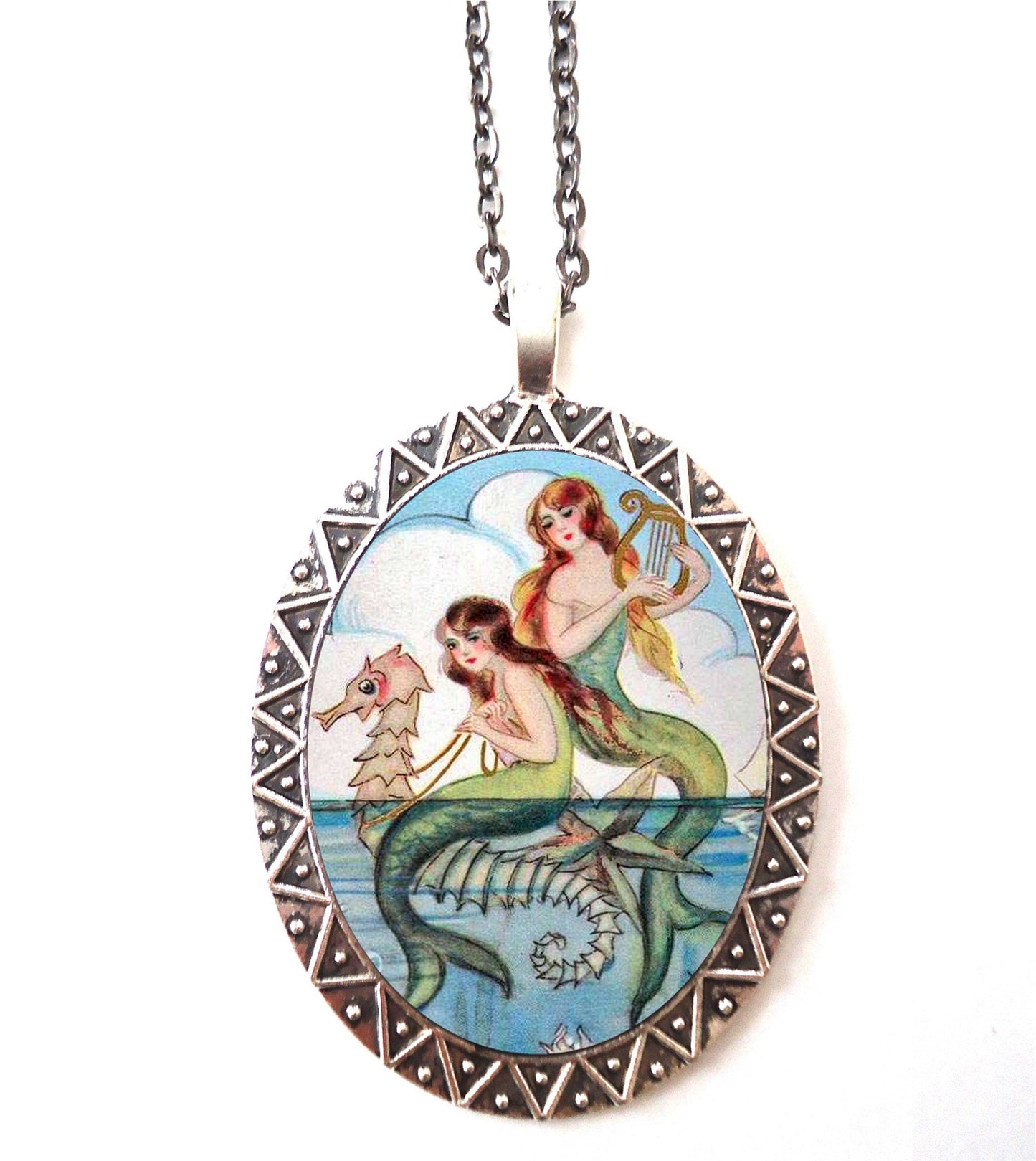 Mermaid Harp Necklace Pendant Silver Tone - Seahorse Nautical Siren Art Nouveau Beach