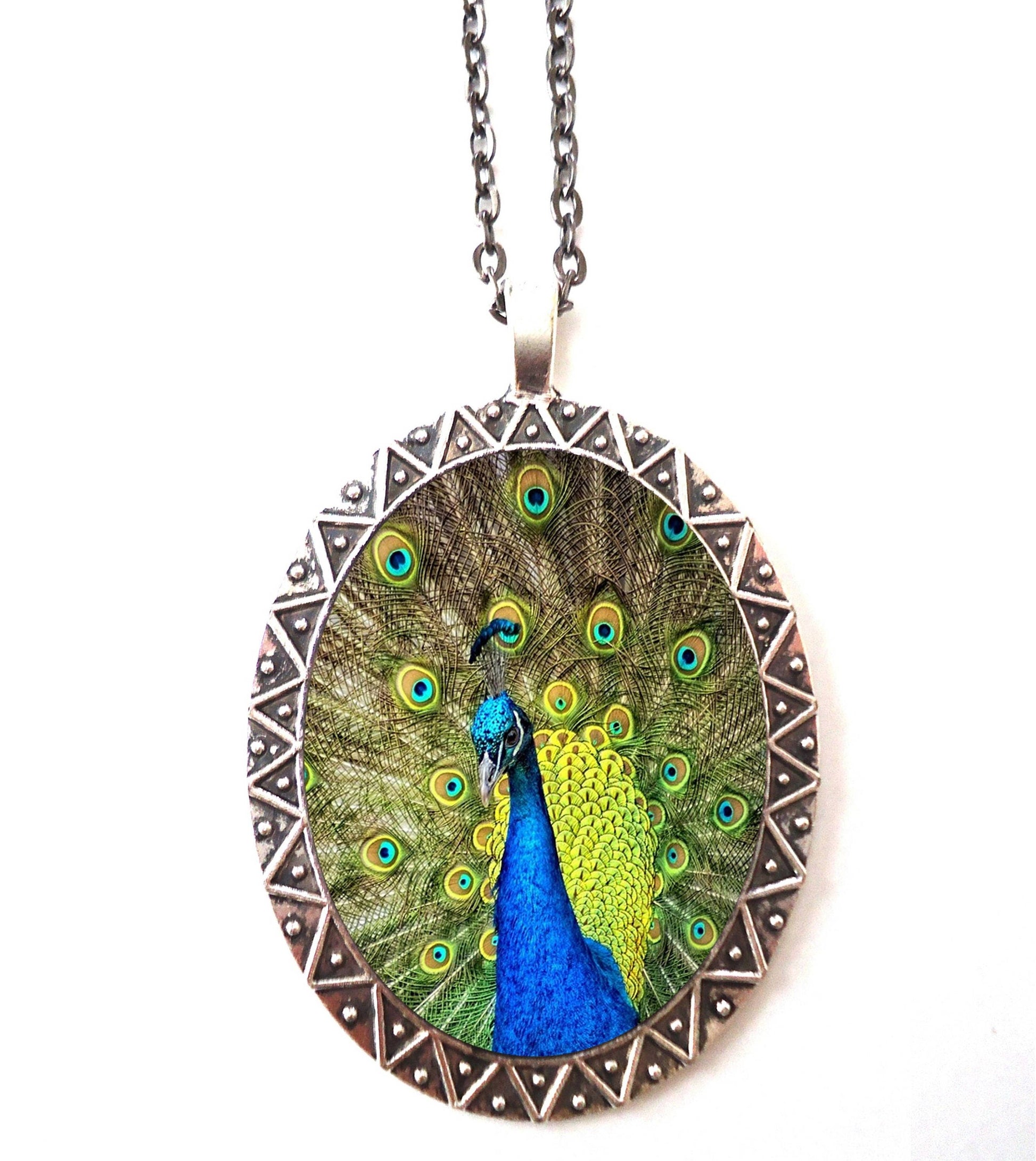 Peacock Bird Necklace Pendant Silver Tone - Bird Feathers Animal Art