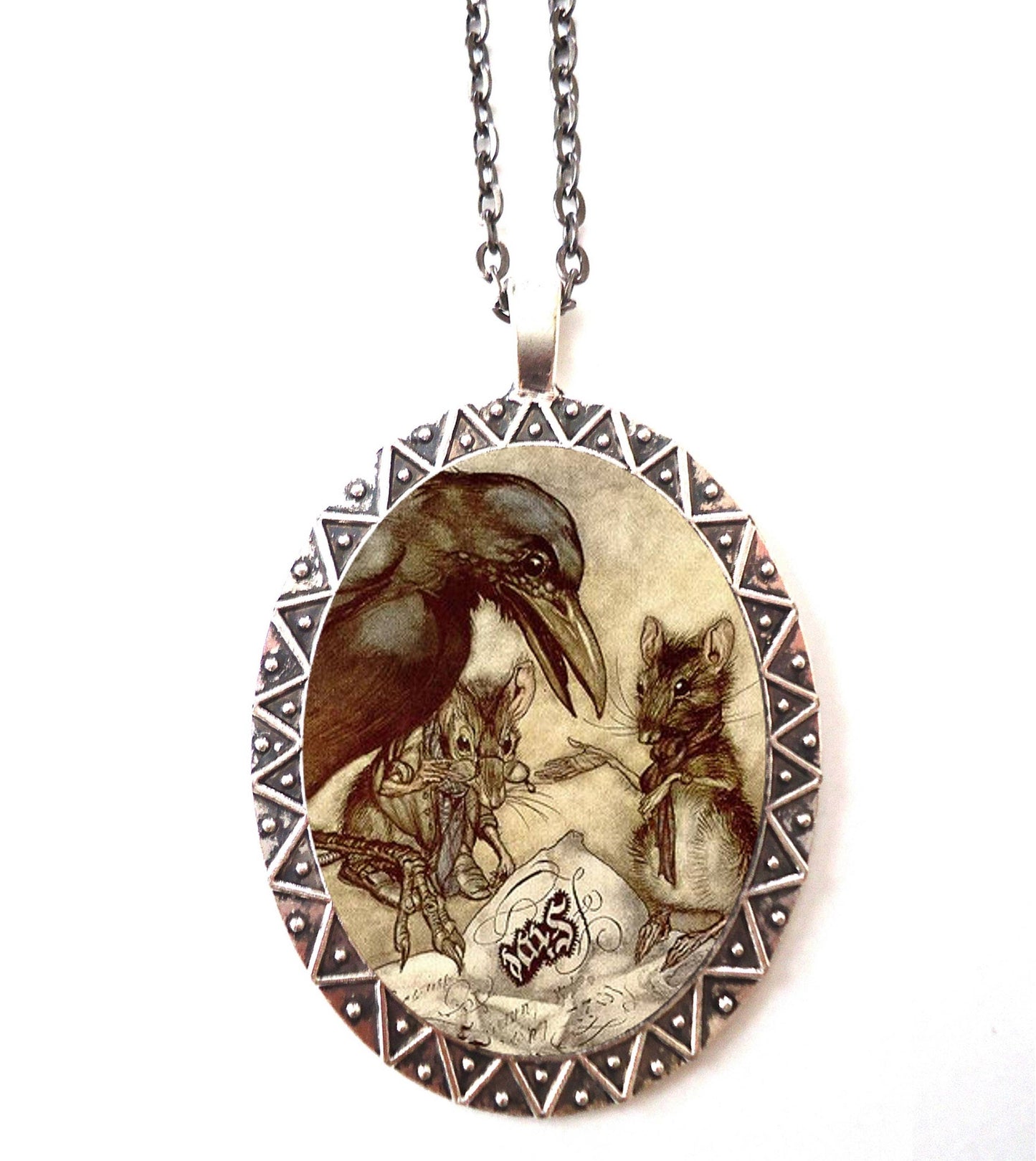 Arthur Rackham Crow Necklace Pendant Silver Tone - Black Bird Rat Mouse Fairy Tale Fairytale Storybook