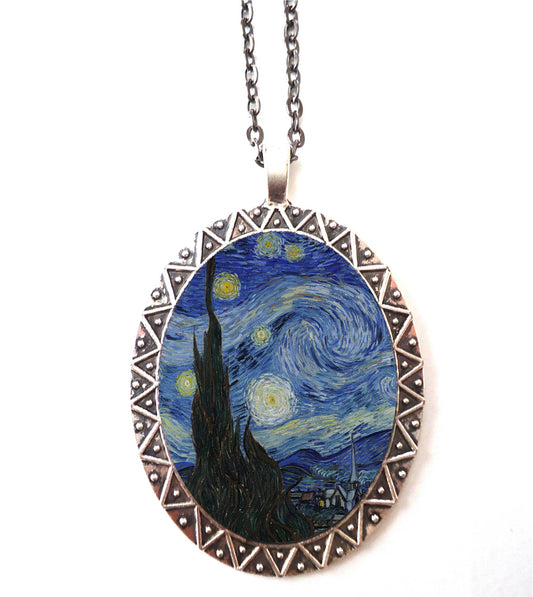 A Starry Night Necklace Pendant Silver Tone - Vincent Van Gogh Painting Fine Art Impressionism