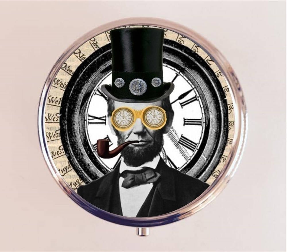 Abraham Lincoln Victorian Steampunk Pill Box Case Pillbox Holder Trinket Stash Box Altered Art Pop Surrealism