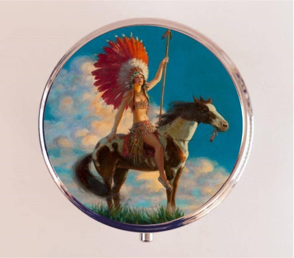 Art Deco Native American Pill Box Case Pillbox Holder Trinket Stash Box Woman Horse Indian Roaring 20s Jazz Age