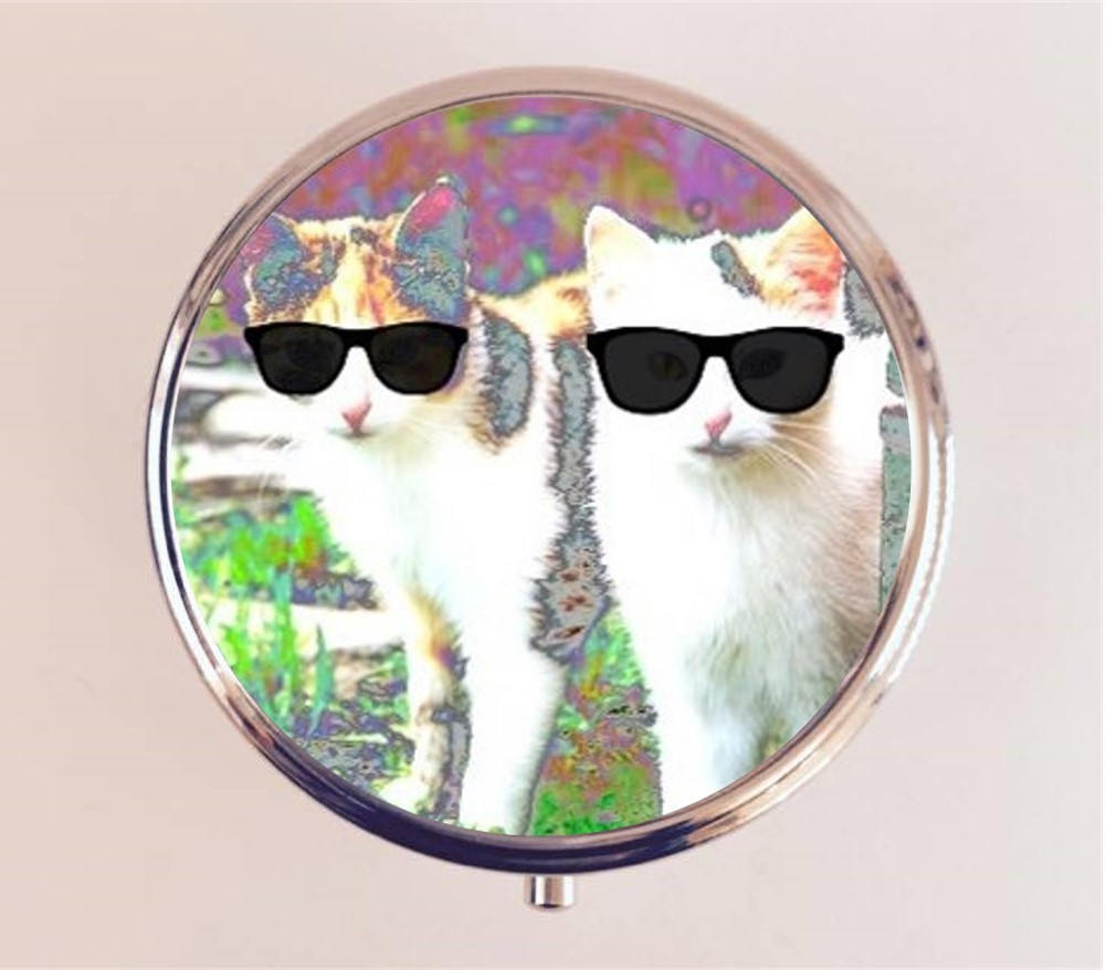 Cat Sunglasses Pill Box Case Pillbox Holder Trinket Stash Box Anthropomorphic Animal Pop Art