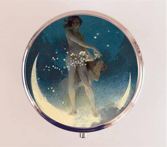 Fairy Crescent Moon Pill Box Case Pillbox Holder Stash Trinket Box Lunar Storybook Image