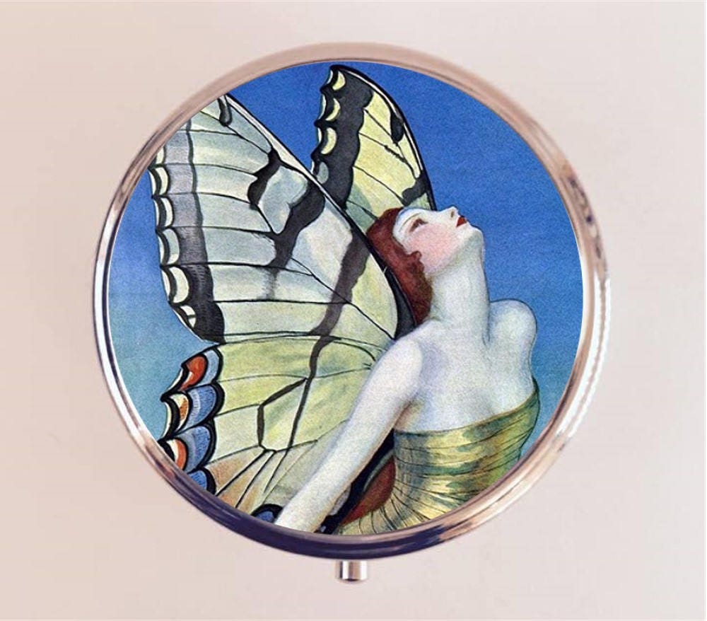 Flapper Butterfly Pill Box Case Pillbox Holder Stash Trinket Box Art Deco 1920s 20s Jazz Age