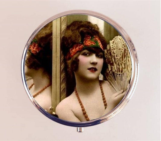 Flapper Mirror Fan Pill Box Case Pillbox Holder Stash Trinket Box Art Deco 1920s 20s Jazz Age